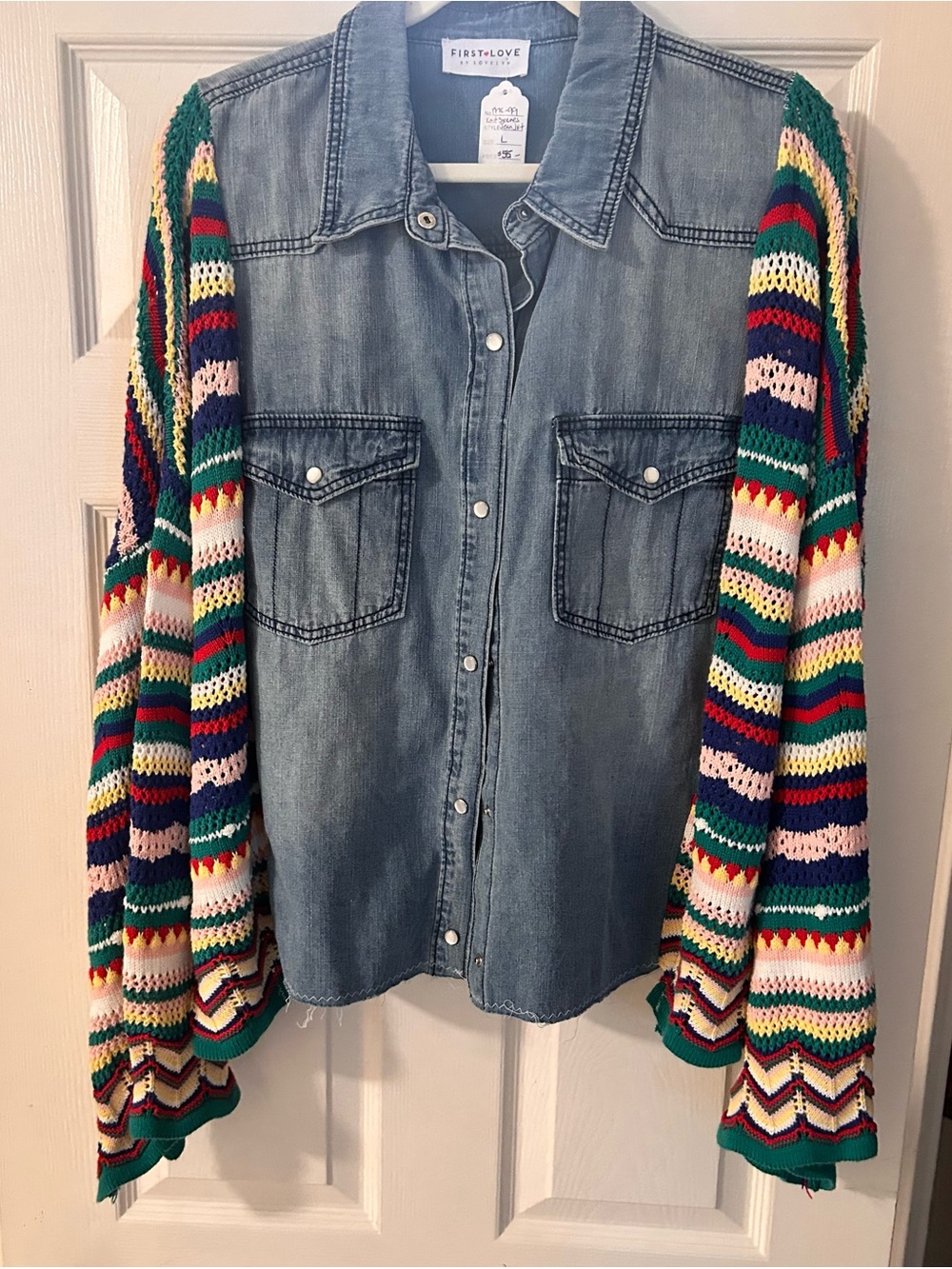First Love upcycled Denim Shirt with Multicolor Crochet Sleeves